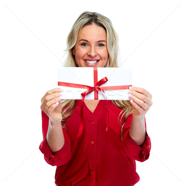ストックフォト: 幸せ · 女性 · 封筒 · ギフト · クリスマス · 孤立した