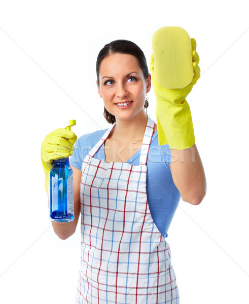 Servitoare femeie burete spray casă curăţenie Imagine de stoc © Kurhan
