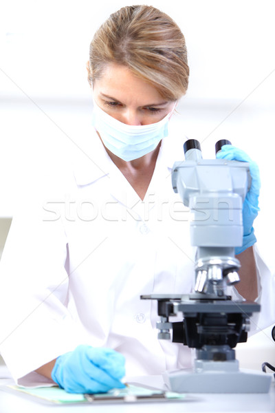Stock foto: Frau · Mikroskop · arbeiten · Labor · Arzt · Arbeit