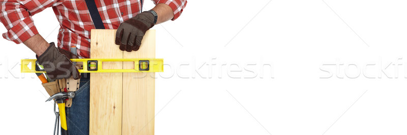 Hände Arbeitnehmer Holz Planke Herrscher weiß Stock foto © Kurhan