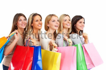 Foto stock: Compras · mulheres · feliz · isolado · branco · mulher