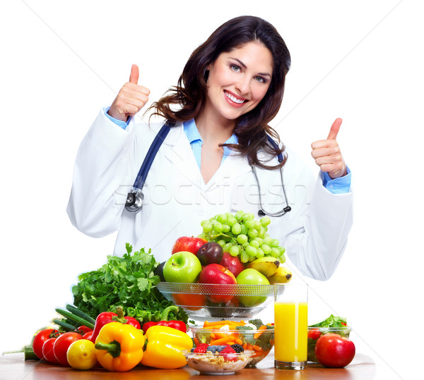 Foto stock: Nutricionista · médico · mulher · isolado · branco · comida