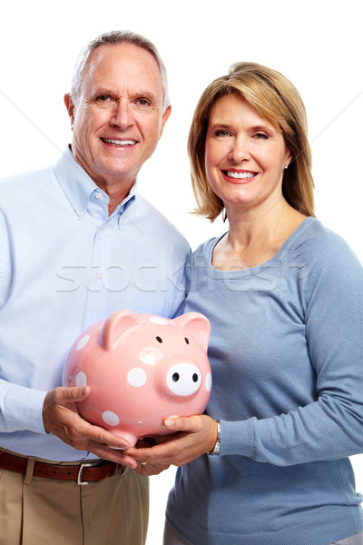 Photo stock: Couple · tirelire · heureux · couple · de · personnes · âgées · isolé · blanche