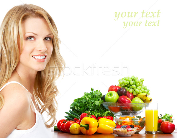 Сток-фото: овощей · плодов · молодые · улыбающаяся · женщина · белый · женщину