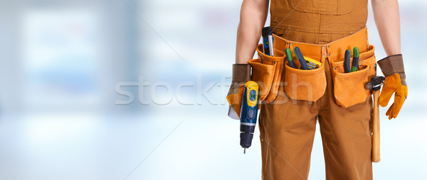 Foto stock: Trabajador · de · la · construcción · perforación · profesional · manos · herramienta · cinturón