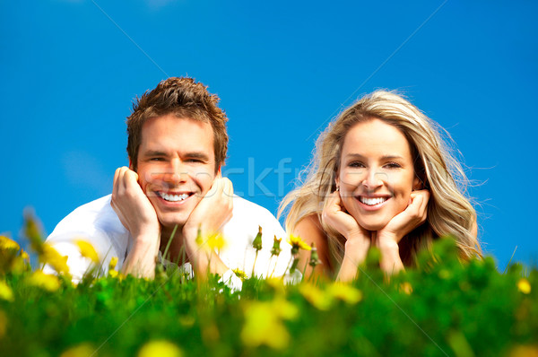 Foto stock: Casal · jovem · amor · sorridente · blue · sky · mulher