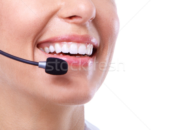 [[stock_photo]]: Centre · d'appel · secrétaire · femme · isolé · blanche · sourire