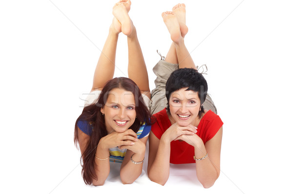 Gelukkig buddies vrouwen lachend geïsoleerd witte Stockfoto © Kurhan