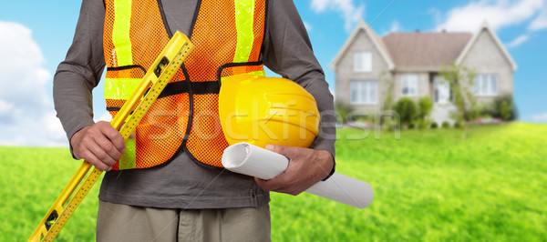 Stock foto: Arbeitnehmer · Helm · orange · Sicherheit · Weste · Bauarbeiter