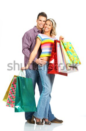 Compras Pareja sonriendo aislado blanco mujer Foto stock © Kurhan