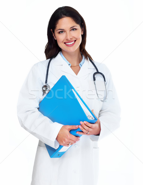 Foto stock: Sonriendo · médicos · médico · mujer · estetoscopio · aislado