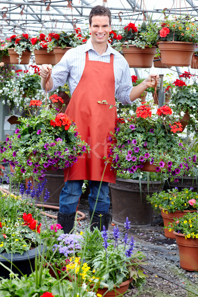 Foto stock: Jardinero · jóvenes · sonriendo · de · trabajo · invernadero · flores