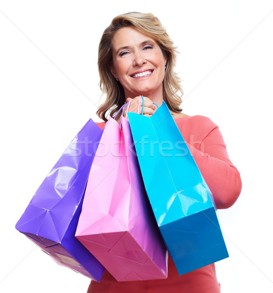 Idős nő bevásárlótáskák izolált fehér divat Stock fotó © Kurhan