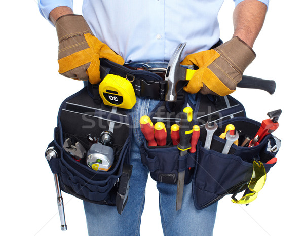 [[stock_photo]]: Travailleur · outil · ceinture · isolé · blanche · hommes