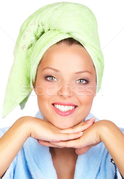 Kobieta piękna młodych uśmiechnięta kobieta kąpielowy szlafrok odizolowany Zdjęcia stock © Kurhan