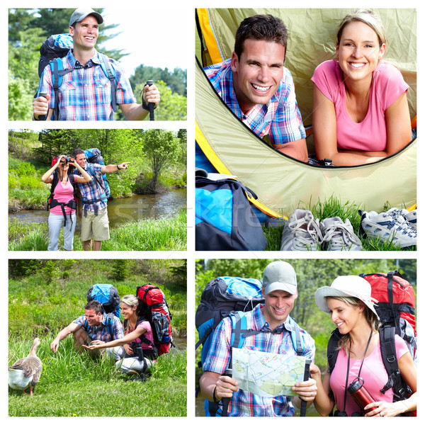 Camping gelukkig paar toeristen zomer collage Stockfoto © Kurhan