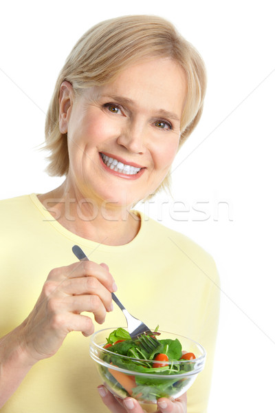 Foto stock: Mujer · comer · ensalada · maduro · mujer · sonriente · frutas