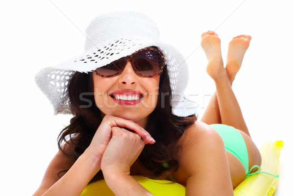 Foto stock: Mulher · óculos · de · sol · seis · férias · de · verão · sorrir