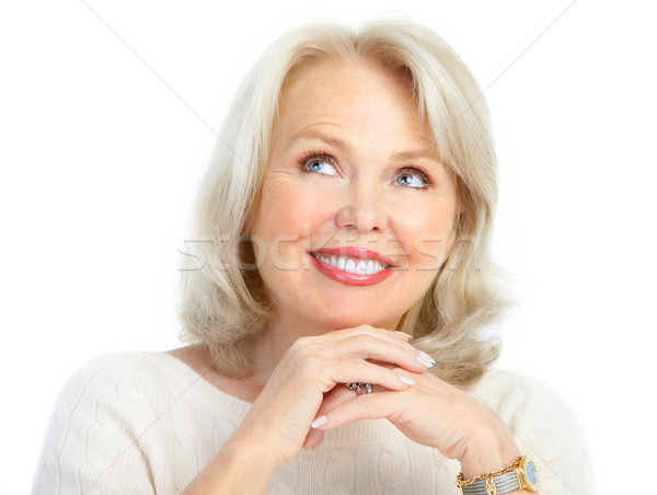 Stockfoto: Vrouw · glimlachen · gelukkig · geïsoleerd · witte · vrouw