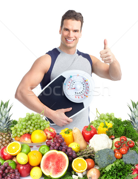 Heureux homme échelles isolé blanche fruits [[stock_photo]] © Kurhan