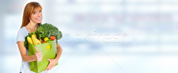 Stok fotoğraf: Kadın · bakkal · alışveriş · çantası · meyve · sebze · mavi