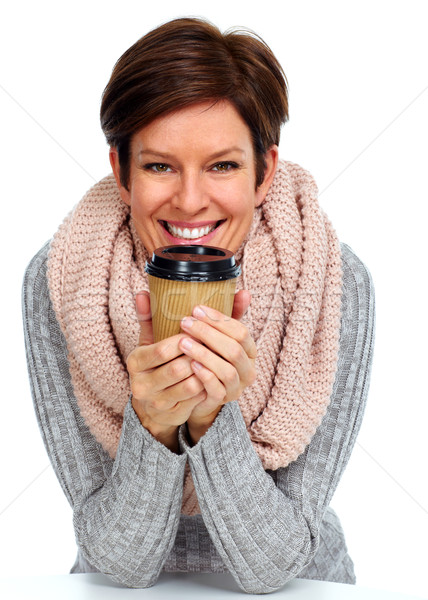 美麗 女士 圍巾 咖啡杯 孤立 白 商業照片 © Kurhan