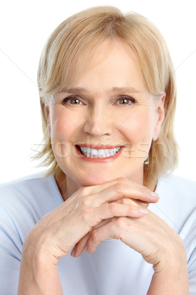 Stockfoto: Vrouw · glimlachen · gelukkig · geïsoleerd · witte · vrouw