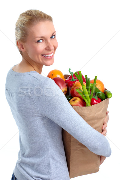 Stock fotó: Gyönyörű · nő · tart · bevásárlószatyor · étel · zöldségek · fehér