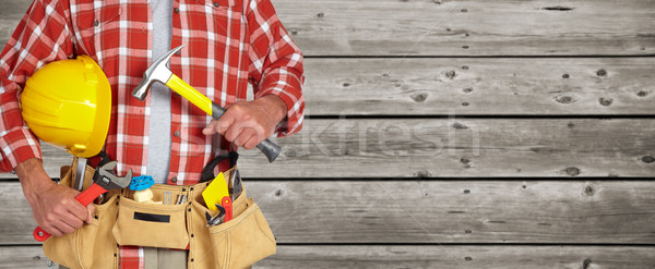 [[stock_photo]]: Constructeur · bricoleur · construction · outils · bois · maison