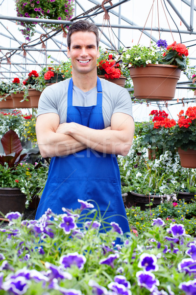 Foto stock: Jardinero · jóvenes · sonriendo · de · trabajo · invernadero · flores