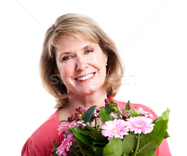 Stockfoto: Gelukkig · senior · vrouw · bloemen · boeket · witte