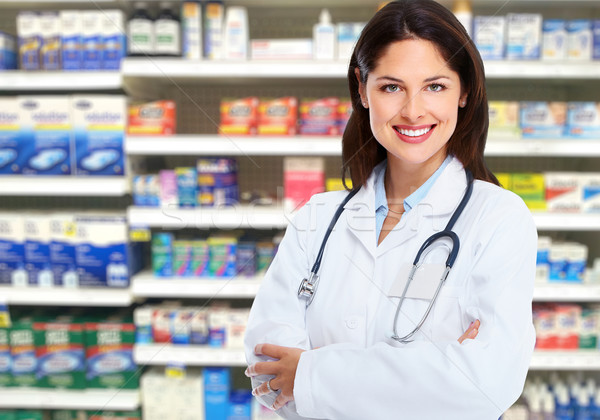 Foto stock: Médico · farmacêutico · mulher · sorrindo · médico · mulher · farmácia