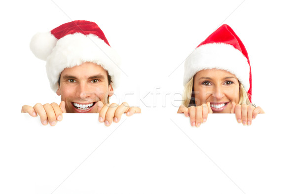 Stockfoto: Christmas · paar · jonge · gelukkig · hoeden · geïsoleerd