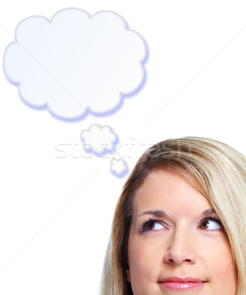 Myślenia kobieta odizolowany biały działalności twarz Zdjęcia stock © Kurhan