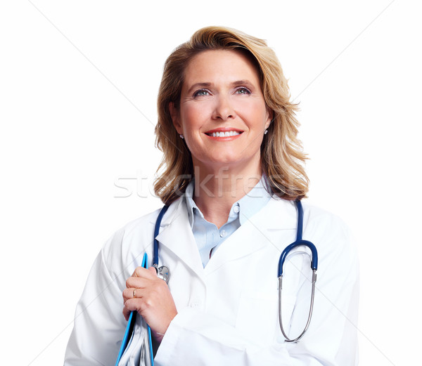 Stockfoto: Glimlachend · medische · arts · vrouw · stethoscoop · geïsoleerd