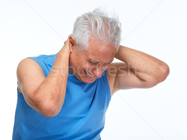 Nyaki fájdalom idős férfi izolált fehér depresszió Stock fotó © Kurhan