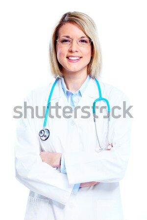 醫生 微笑 醫生 女子 聽筒 孤立 商業照片 © Kurhan