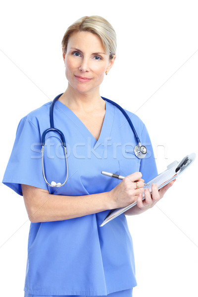 Medic zâmbitor medical femeie stetoscop izolat Imagine de stoc © Kurhan