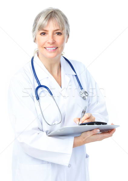 商業照片: 醫生 · 微笑 · 醫生 · 女子 · 聽筒 · 孤立