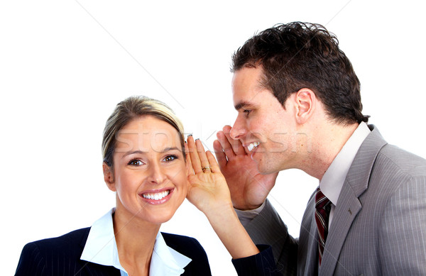 Femeie vorbesc cuplu izolat alb faţă Imagine de stoc © Kurhan