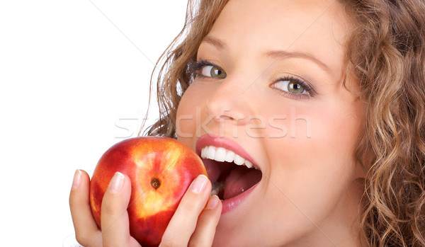 Stock foto: Frau · Apfel · schönen · Essen · roten · Apfel