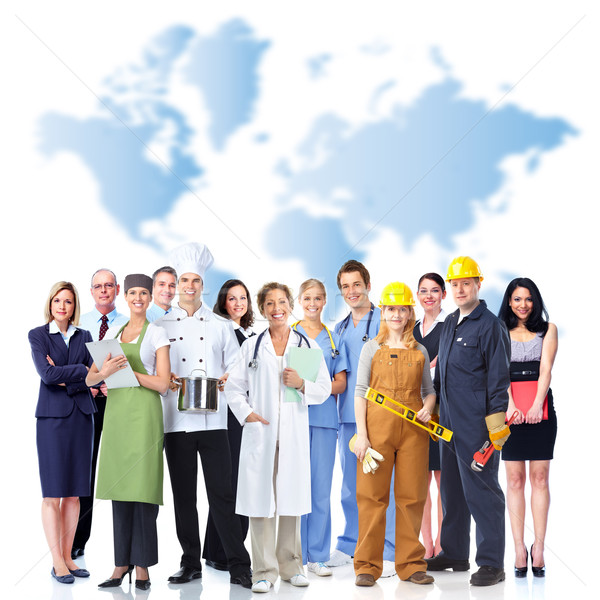 Gruppe industriellen Arbeitnehmer Weltkarte Studenten Hintergrund Stock foto © Kurhan