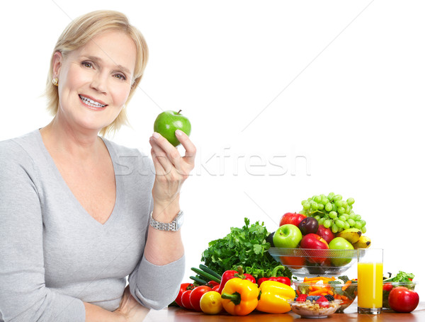 Foto stock: Mulher · maçã · maduro · sorrindo · frutas · legumes