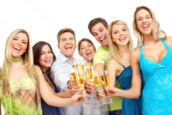 Oameni fericiţi fericit amuzant oameni şampanie izolat Imagine de stoc © Kurhan