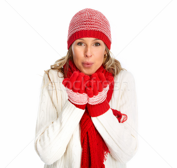 Stockfoto: Gelukkig · christmas · vrouw · winter · kleding · geïsoleerd