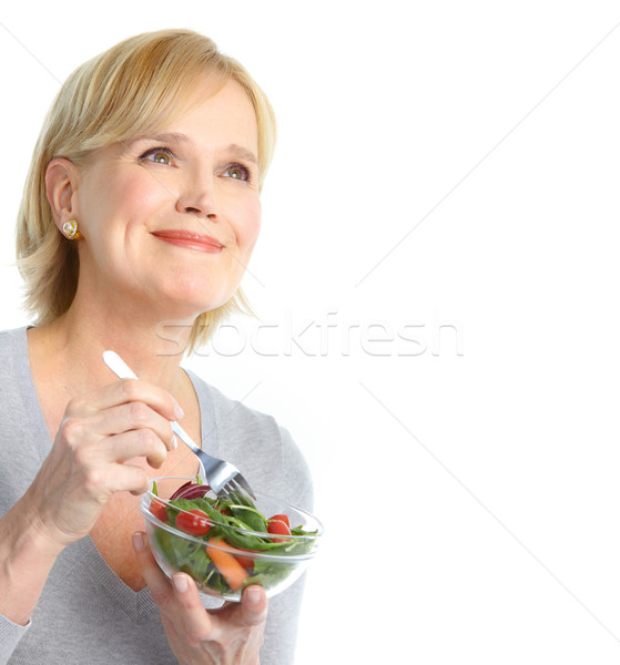 Stock foto: Frau · Essen · Salat · reifen · lächelnde · Frau · Früchte