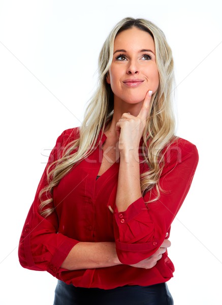 Foto stock: Mulher · vermelho · blusa · isolado · branco · mulheres