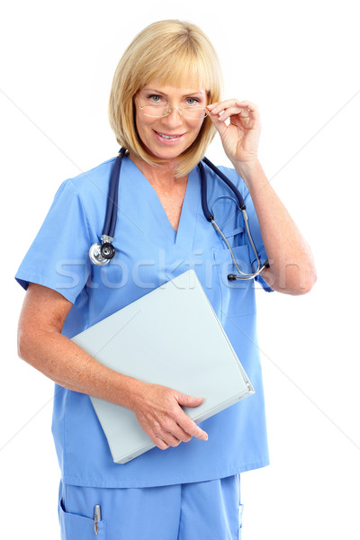Medic zâmbitor medical femeie stetoscop izolat Imagine de stoc © Kurhan