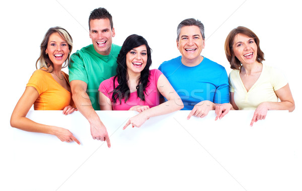 Grup oameni fericiţi steag izolat alb familie Imagine de stoc © Kurhan