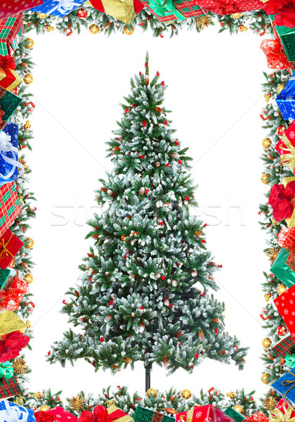 Foto stock: árbol · de · navidad · decoración · marco · aislado · blanco · árbol